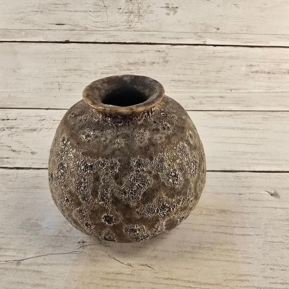 Studio Pottery Bud Vase Volcanic Lava Glaze Brown Earthy Textured Small 3.25in